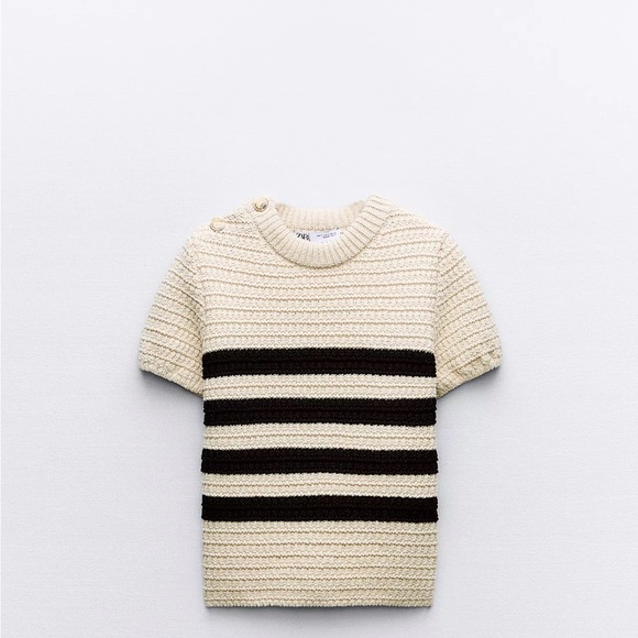 Zara Sweaters - Zara Cream and Black Striped Knit Short-Sleeve Sweater